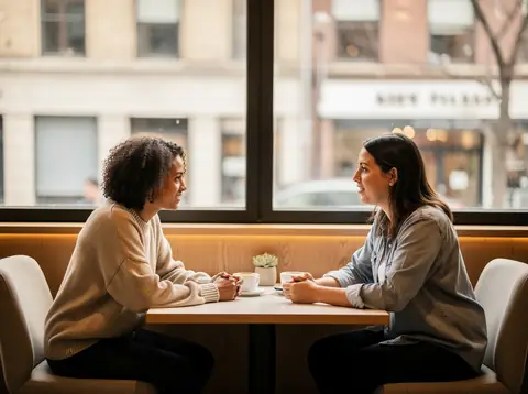 Dos personas adultas conversando en un entorno respetuoso y privado